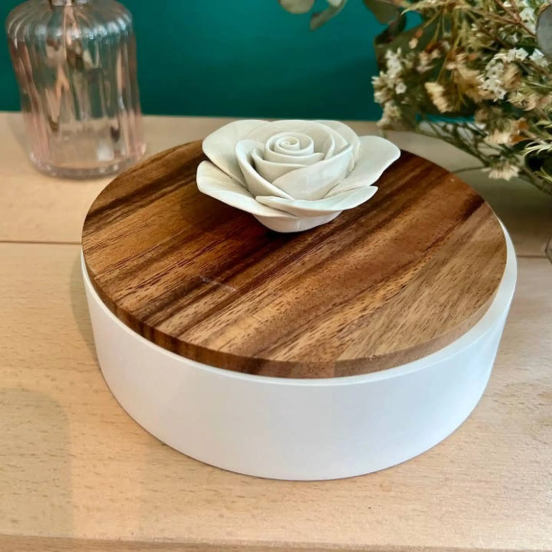 GABI Handmade Acacia Wood Decorative Box with Porcelain Flower – Elegant; Versatile Storage