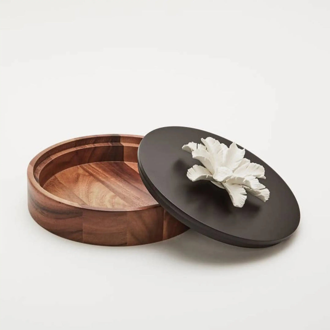 Handcrafted Acacia Wood Decorative Box with Porcelain Palm Flower