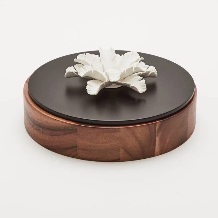 Handcrafted Acacia Wood Decorative Box with Porcelain Palm Flower