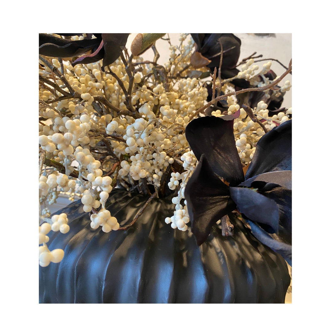 Magnolia and Berries on a black Ridged Vase