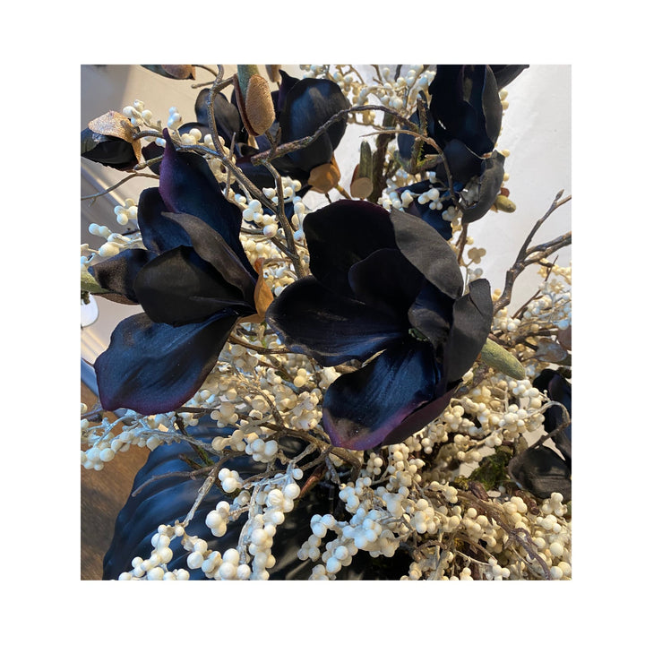 Magnolia and Berries on a black Ridged Vase