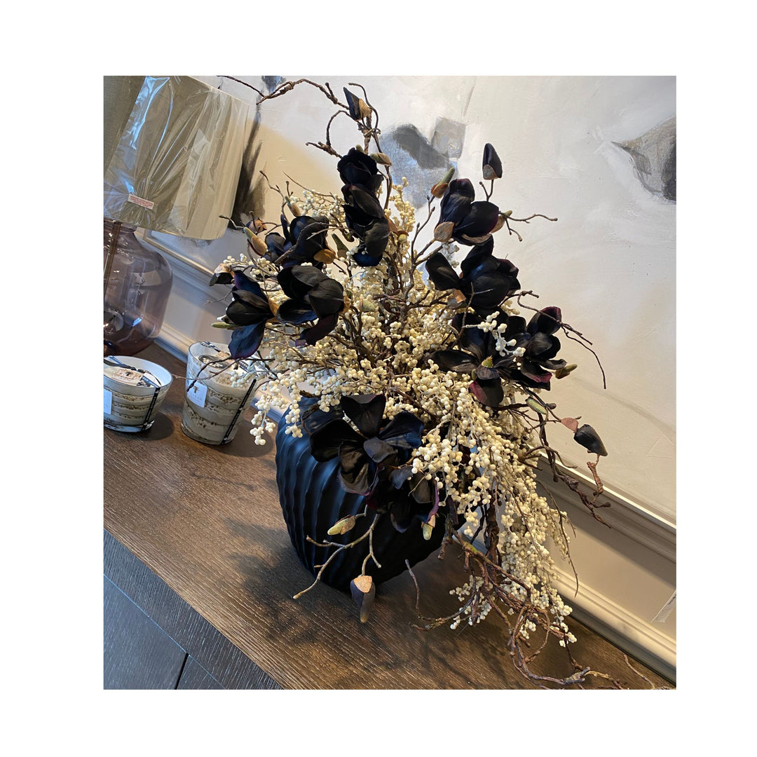 Magnolia and Berries on a black Ridged Vase