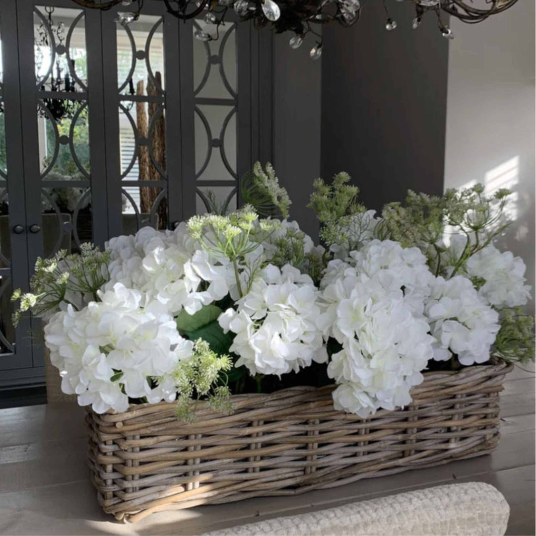 Hydrangea and Queen Anne's Lace in a Basket Medium