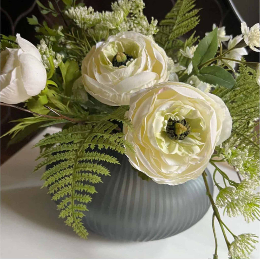 Ranunculus and Fern in a Blue Glass Bowl