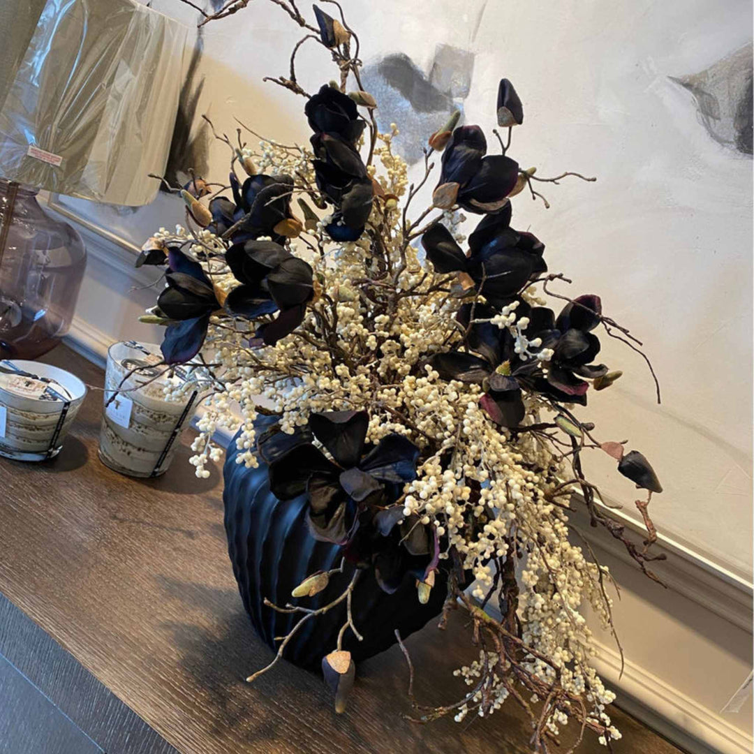 Magnolia and Berries on a black Ridged Vase